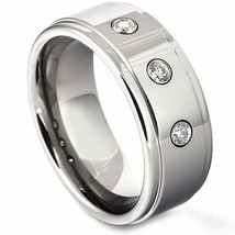 (New With Tag)Tungsten Carbide Ring With Three Genuine White Round Diamond - £119.61 GBP