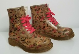 JACOBIES Combat Boots Womens Size 7 Floral Clear Vinyl Pink Laces Shoes - £18.79 GBP