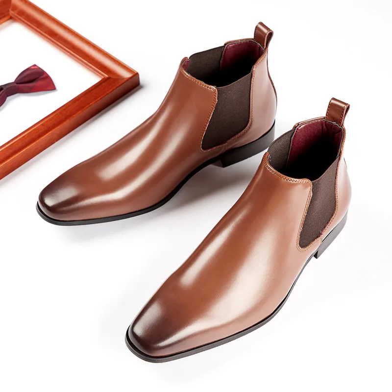  Spring Autumn Chelsea Boots Ankle Leather Business Dress Square Toe High Top Ca - £99.68 GBP