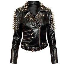 Woman Plain Black Studded Leather Jacket Spike Belted Studs Zipper Brand... - $209.99