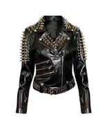 Woman Plain Black Studded Leather Jacket Spike Belted Studs Zipper Brand... - $287.20 CAD