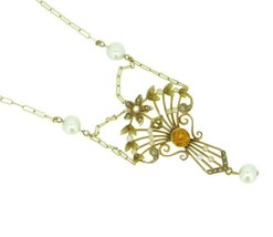 12k Yellow Gold Victorian Citrine and Pearl Large Lavaliere Pendant (#J4621) - £830.93 GBP