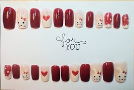 24pc Press on Nails Red Nude Easter Bunny Heart French Tip Medium Length - £6.39 GBP