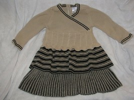 Hanna Andersson Tiered Girl Sweater Dress Black Khaki Tan Stripe Cable R... - $24.74