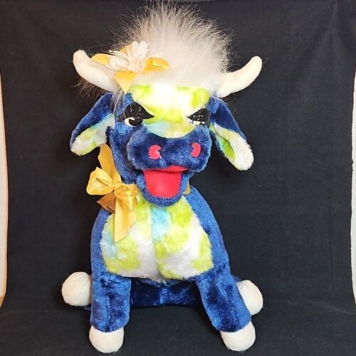 Vintage Rushton Co Plush Cow Blue Tie Dye Wire Legs Carnival Clown Glitt... - £62.81 GBP