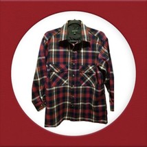 Robinson&#39;s Vintage Men&#39;s Plaid Acrylic Button Down  Pockets Red Blue~Med... - £19.11 GBP