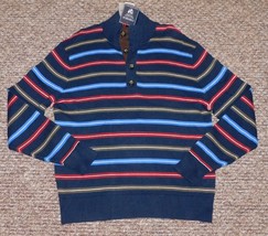 Cremieux Sz M Mens Button Stripe Sweater Navy Waffle Knit Cotton Cashmer... - $19.79