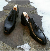 Handmade Black Leather Moccasin Shoes With Tassels, Black Leather Loafer Shoes - £124.59 GBP