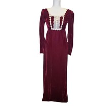 Vintage 60s 70s Wine Red Velvet Prairie Dress Crochet Trim Floor Length ... - £85.64 GBP