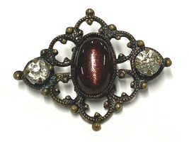 Vintage Antique Costume Filigree Brooch with Purple Cabochon, Rhinestones - $9.49
