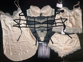 Victoria&#39;s Secret 32DD Bra Set+Garter+Slip+Cami Set Gold Beige Black Scandalous - $369.99