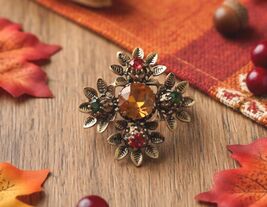 Amber, Orange &amp; Green Gold Vintage 1950s Made in Austria Floral Brooch Pin - $46.99