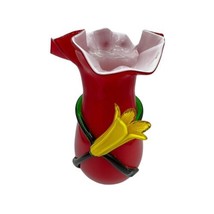 Vase Red White Cased Yellow Applied Flower 10&quot; Art Glass Hand Blown Ruffled Top - £37.54 GBP