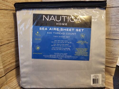 Nautica Home Sea Aire 500 Count Thread Gray Twin Bed Sheet Set - 3 Piece New - $38.91
