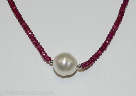 Salt water South Sea Akoya Baroque Pearl Red Ruby necklace 14K White Gold clasp - £276.90 GBP