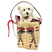 Handmade Basket Bear in Goody Bag Small Teddy Bear Plaid Fabric Burgundy Green - £23.74 GBP