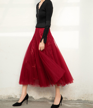 Wine Red Midi Tulle Sequin Skirt Women High Waisted Holiday Tulle Skirt Outfit image 2