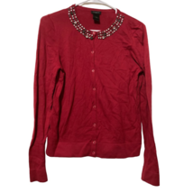 Ann Taylor Womens Cardigan Sweater Red Long Sleeve Jewel Neck Rhinestone Knit S - £11.93 GBP
