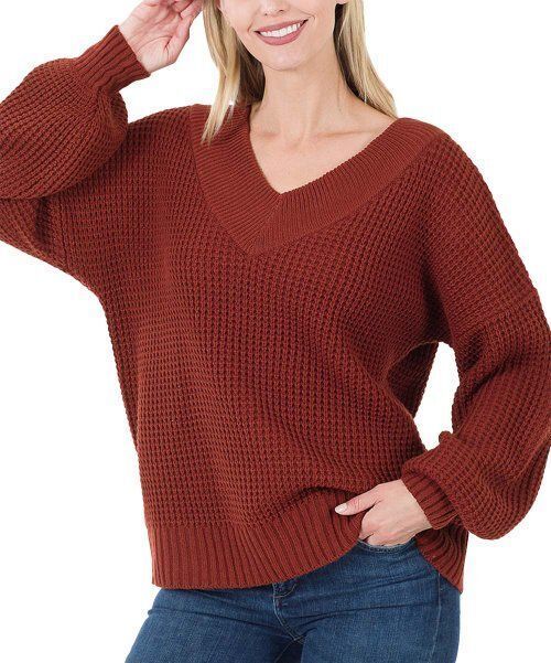 Zenana Fired Brick Waffle-Knit V-Neck Balloon-Sleeve Sweater Size Medium... - $11.39