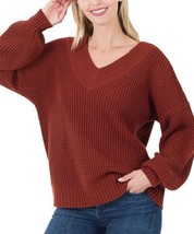Zenana Fired Brick Waffle-Knit V-Neck Balloon-Sleeve Sweater Size Medium... - $11.39