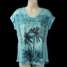 Style &amp; Co Womens Tropical Palm Shirt XS Roll Cap Sleeve Embellished Flo... - £11.35 GBP