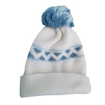 Vintage Baby Hat Knit Winter Blue White Ball on Top Warm Beanie Snow Cap Sweater - £7.14 GBP