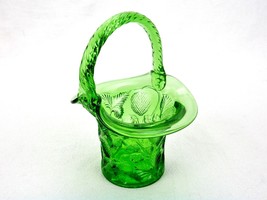 6&quot; Emerald Green Glass Flower Basket, Strawberries &amp; Leaves, Twisted Vin... - $19.55