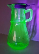 Antique Syrup Pitcher Dispenser Uranium Green Depression Glass, Tin Flip-Top Lid - £55.18 GBP