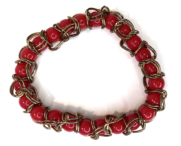Wire Wrapped Beaded Bracelet Blood Red Vibrant Color Stretchy Estate Find - £9.50 GBP