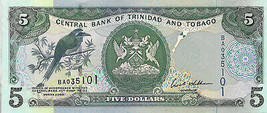 Trinidad &amp; Tobago P47, $5, Mot Mot Bird / women w/ wicker baskets at mar... - £1.56 GBP