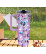 Purple Multicolor Butterfly Insulated Travel Cup, 40 oz, Lavender mug, w... - $40.83 CAD