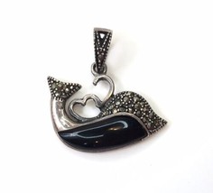 Vintage Sterling Silver Marcasite and Onyx Whale Pendant for Necklace S925 - $45.99
