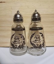 Anchor Hocking 25th Ann. 60s Salt  Pepper Shakers Sterling Silver Clear Glass - $11.71