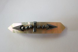 Victorian Bar Pin Brooch Mother of Pearl MOP Hammered Steel Details - £7.83 GBP