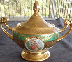 Antique Bohemia Ceramic Footed Sugar Bowl - 24K Gold Encrusted - COLLECTIBLE - £163.66 GBP