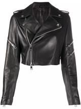 Chaqueta de cuero para mujer recortada motociclista motocicleta piel de ... - $107.10+