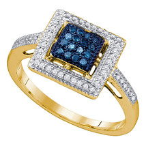 10k Yellow Gold Womens Round Blue Color Enhanced Diamond Square Fashion Ring 1/4 - £270.18 GBP