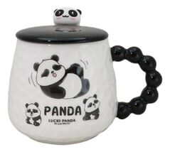 Ceramic Cute Lucky Panda Bear Cartoon With Lid And Panda Head Spoon Mug Cup - $26.46 CAD