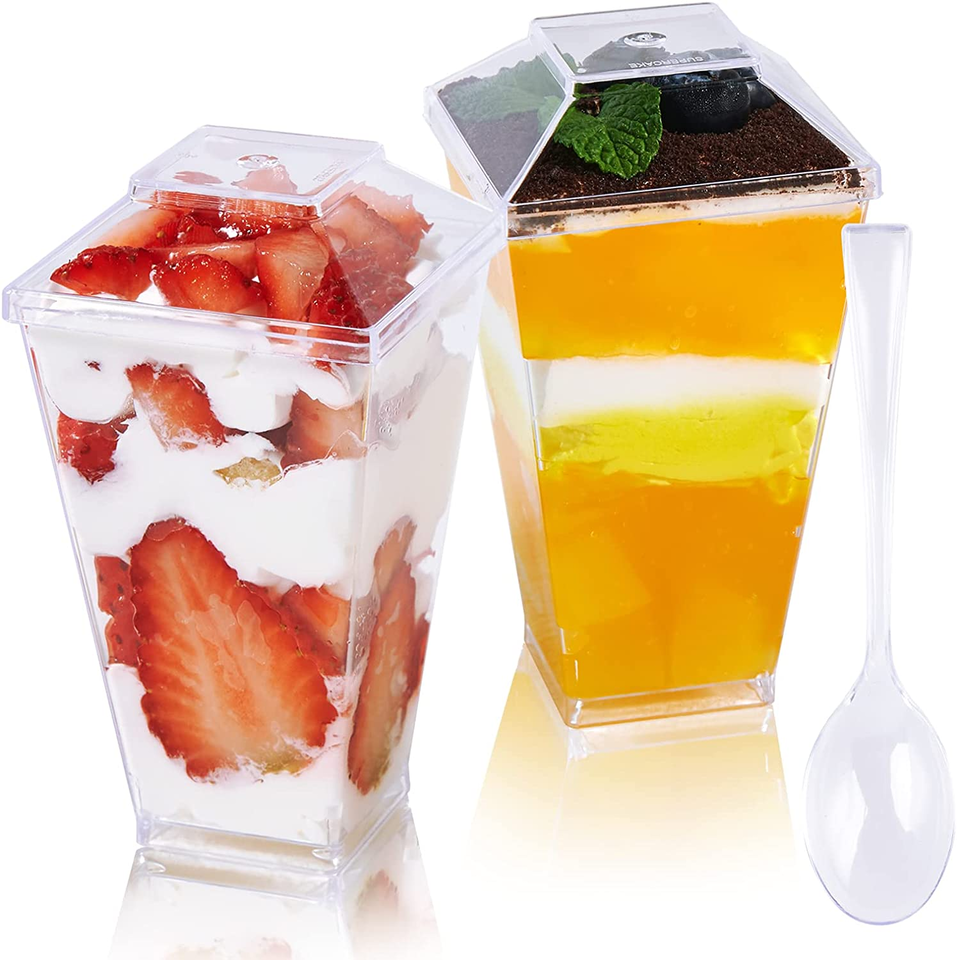 Primary image for 100 X 3 Oz Mini Dessert Cups with Spoons and Lids, Square Tall - Clear Plastic P