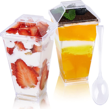 100 X 3 Oz Mini Dessert Cups with Spoons and Lids, Square Tall - Clear Plastic P - £26.39 GBP