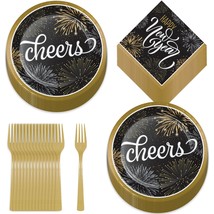 HOME &amp; HOOPLA Elegant New Year&#39;s Party Black &amp; Gold Round Paper Dessert Plates,  - £12.17 GBP