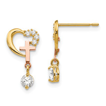 14k Madi K Two-tone CZ Children&#39;s Cross &amp; Heart Post Earrings GK761 - £88.16 GBP