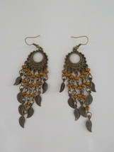 Chandalier Earrings Circle Fishook Seed Pod Metal Primitive Jewelry Stamped Leaf - £15.17 GBP