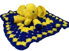 Vtg Handmade Crochet Elephant Lovey Security Blanket Baby Child Toy Blue Yellow - £12.38 GBP