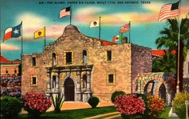 The Alamo Under 6 FLAGS- San Antonio Texas ~ Vintage Linen Postcard -BK32 - £2.37 GBP