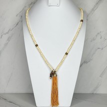 Chico&#39;s Camel Beaded Tassel Pendant Gold Tone Necklace - £15.76 GBP
