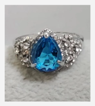 Silver Blue Teardrop Gem Rhinestone Costume Jewelry Ring Size 5 6 7 9 10 - £31.26 GBP