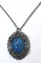 Vintage Art Deco Style Faux Turquoise &amp; Silver Tone Pendant Necklace 16&quot; Chain - $16.00