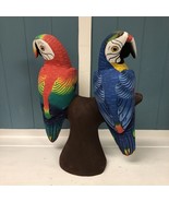 Unique Handmade Wooden Painted Pair Of Red Blue Macaw Parrot on Perch 16... - $1,514.02 MXN