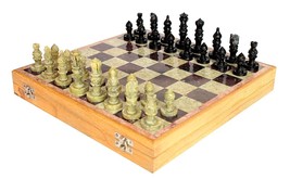 Handcarved Chess Board with Wooden Base &amp; Stone Inlaid Work Natural Ston... - $64.34